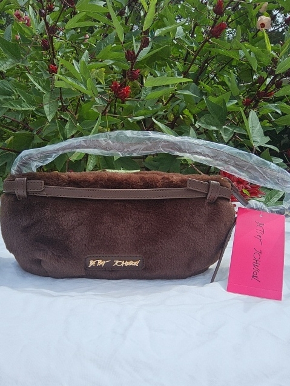 Betsey Johnson Brown Faux Fur Shoulder Bag with Gold Logo Plate